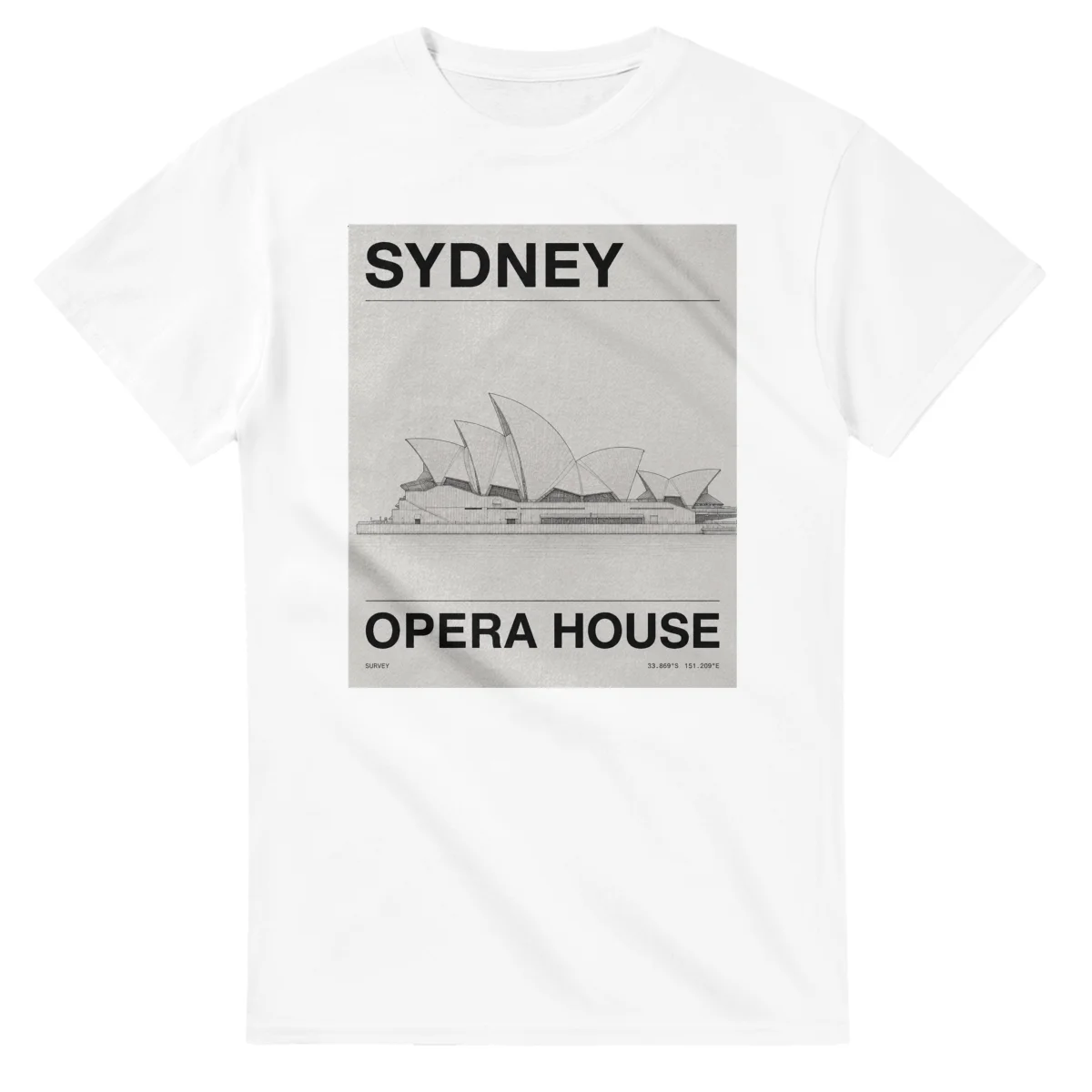 Fine-line engraving-style drawing for Sydney, with a landmark caption and small coordinate text.