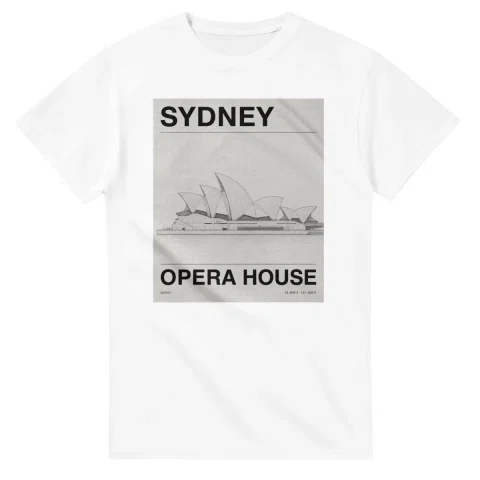 Fine-line engraving-style drawing for Sydney, with a landmark caption and small coordinate text.