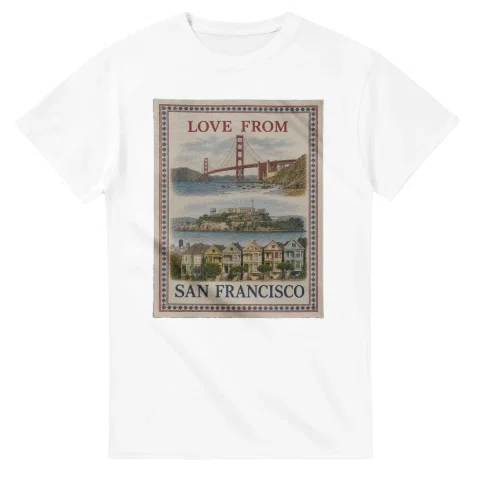Framed scenic design for San Francisco, with several local views, a decorative border and LOVE FROM lettering.
