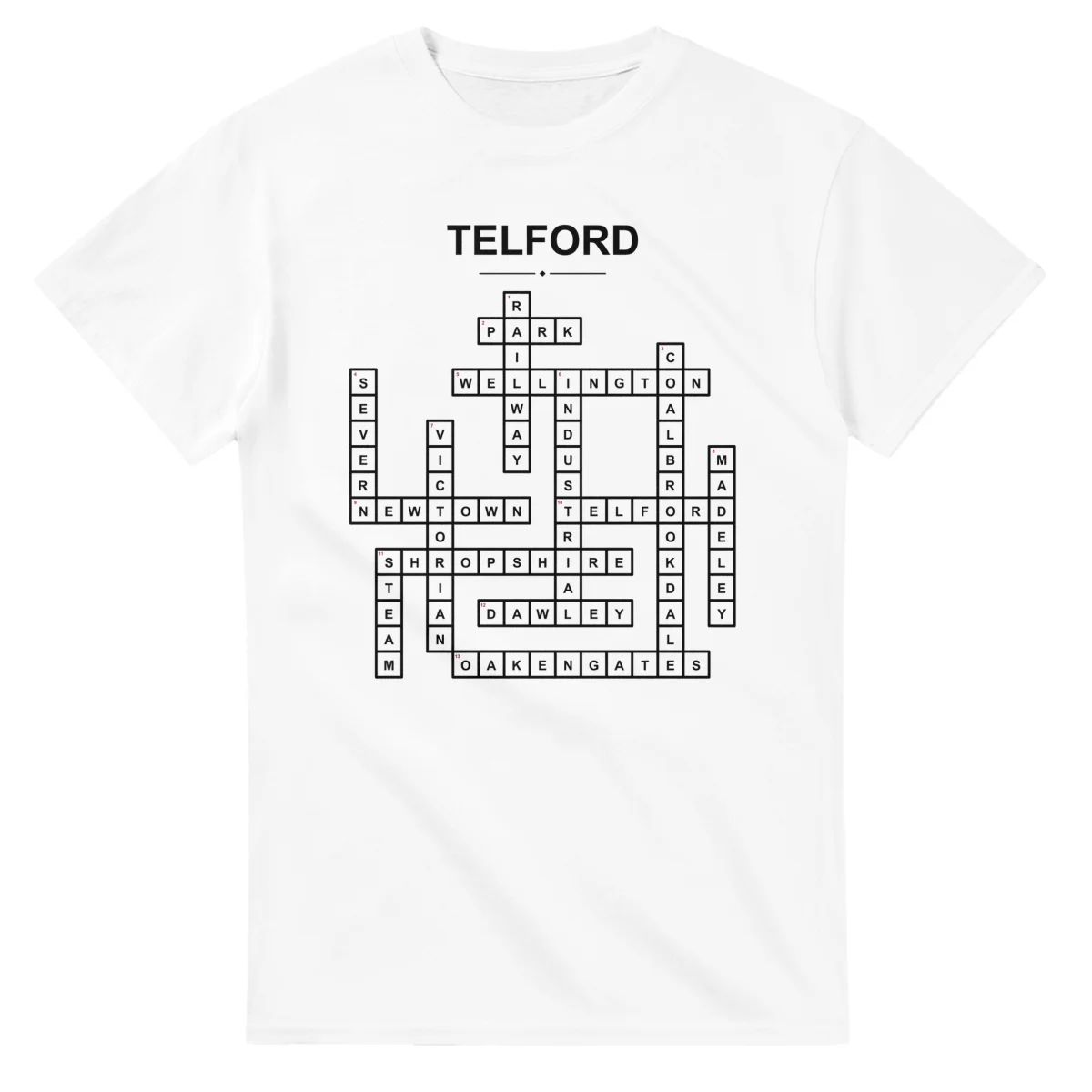 Monochrome crossword sheet for Telford, with a large place-name heading, a letter grid, and numbered across and down clues.