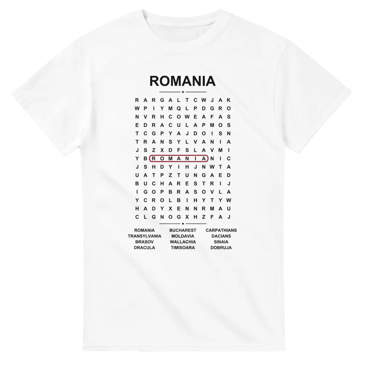 Word-search sheet for Romania, with a large place-name heading, a letter grid, a local answer list, and a red highlighted example word.