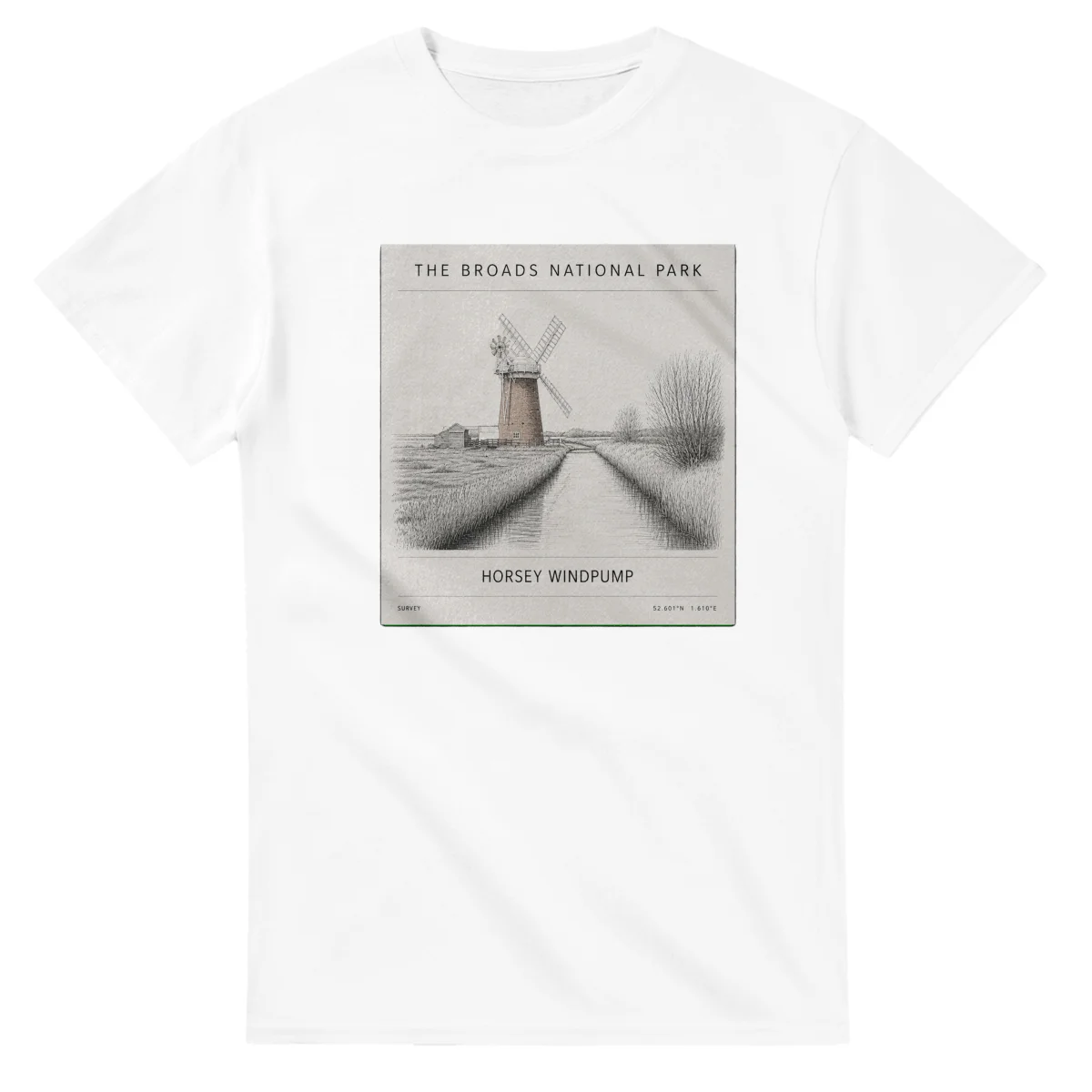 Fine-line engraving-style drawing for The Broads National Park, with a landmark caption and small coordinate text.
