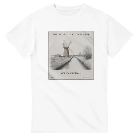 Fine-line engraving-style drawing for The Broads National Park, with a landmark caption and small coordinate text.