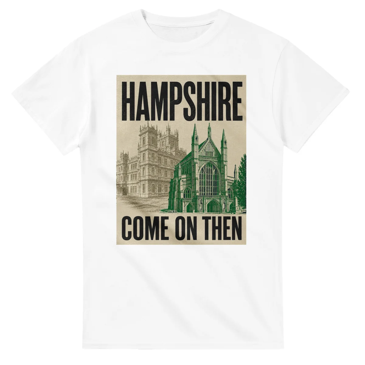 Two-colour scenic illustration for Hampshire, with the place name and COME ON THEN lettering.