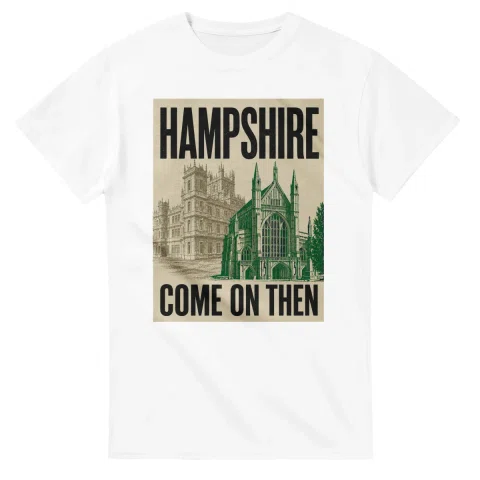 Two-colour scenic illustration for Hampshire, with the place name and COME ON THEN lettering.