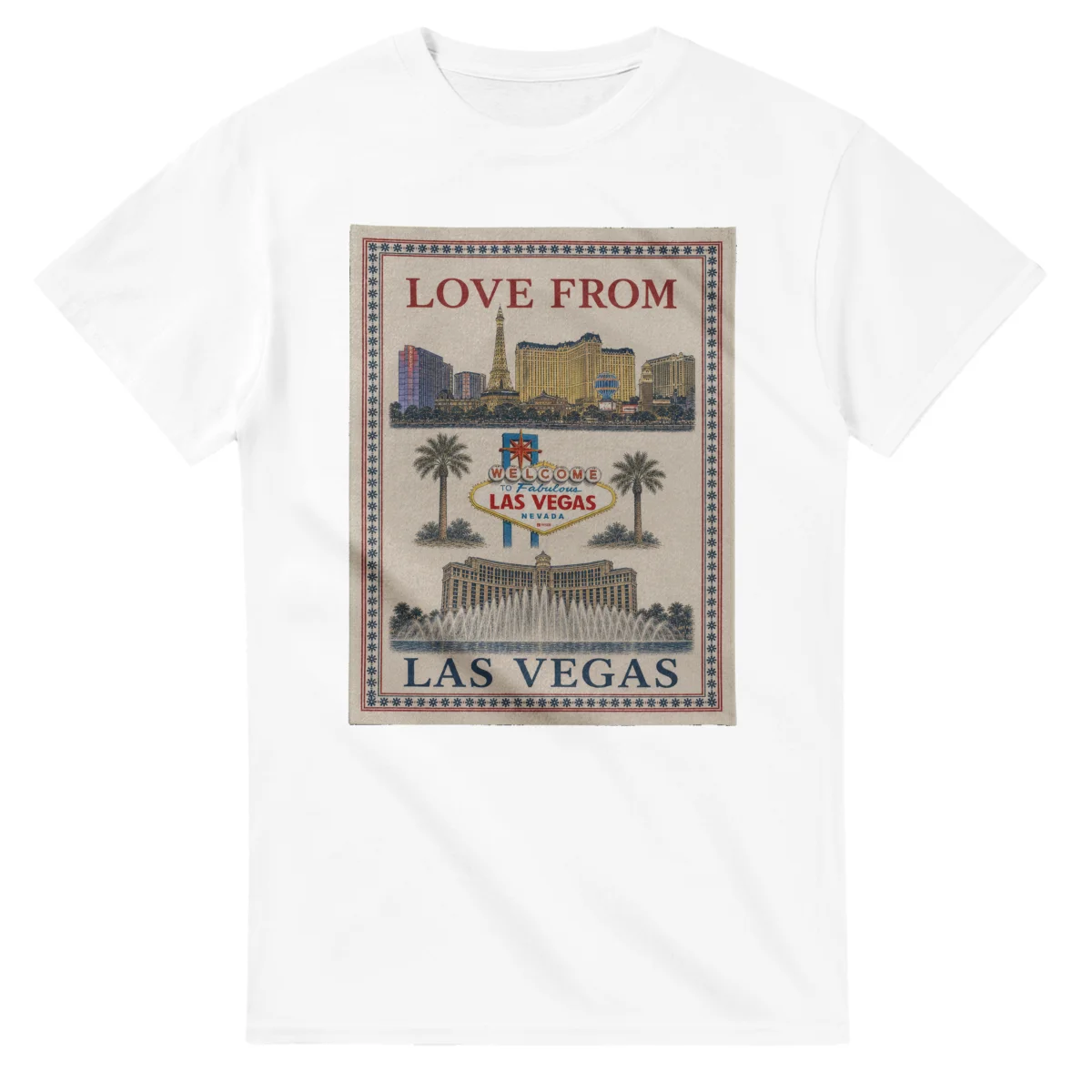Framed scenic design for Las Vegas, with several local views, a decorative border and LOVE FROM lettering.