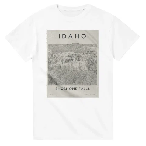 Fine-line engraving-style drawing for Idaho, with a landmark caption and small coordinate text.