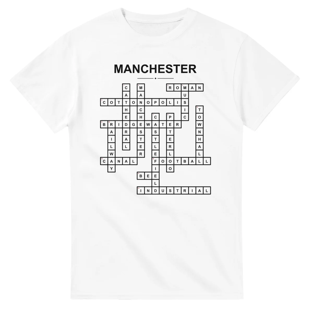 Monochrome crossword sheet for Manchester, with a large place-name heading, a letter grid, and numbered across and down clues.