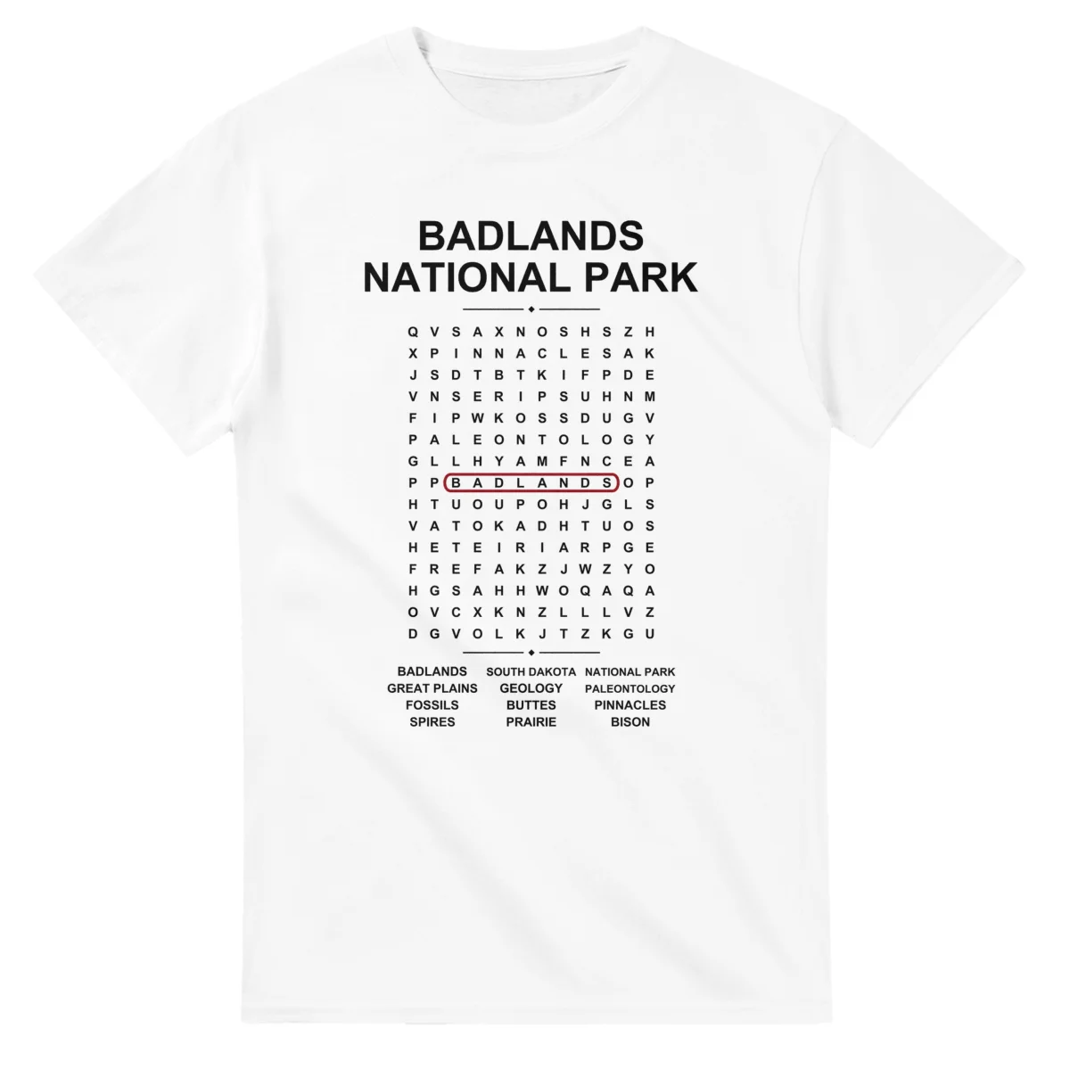 Word-search sheet for Badlands National Park, with a large place-name heading, a letter grid, a local answer list, and a red highlighted example word.