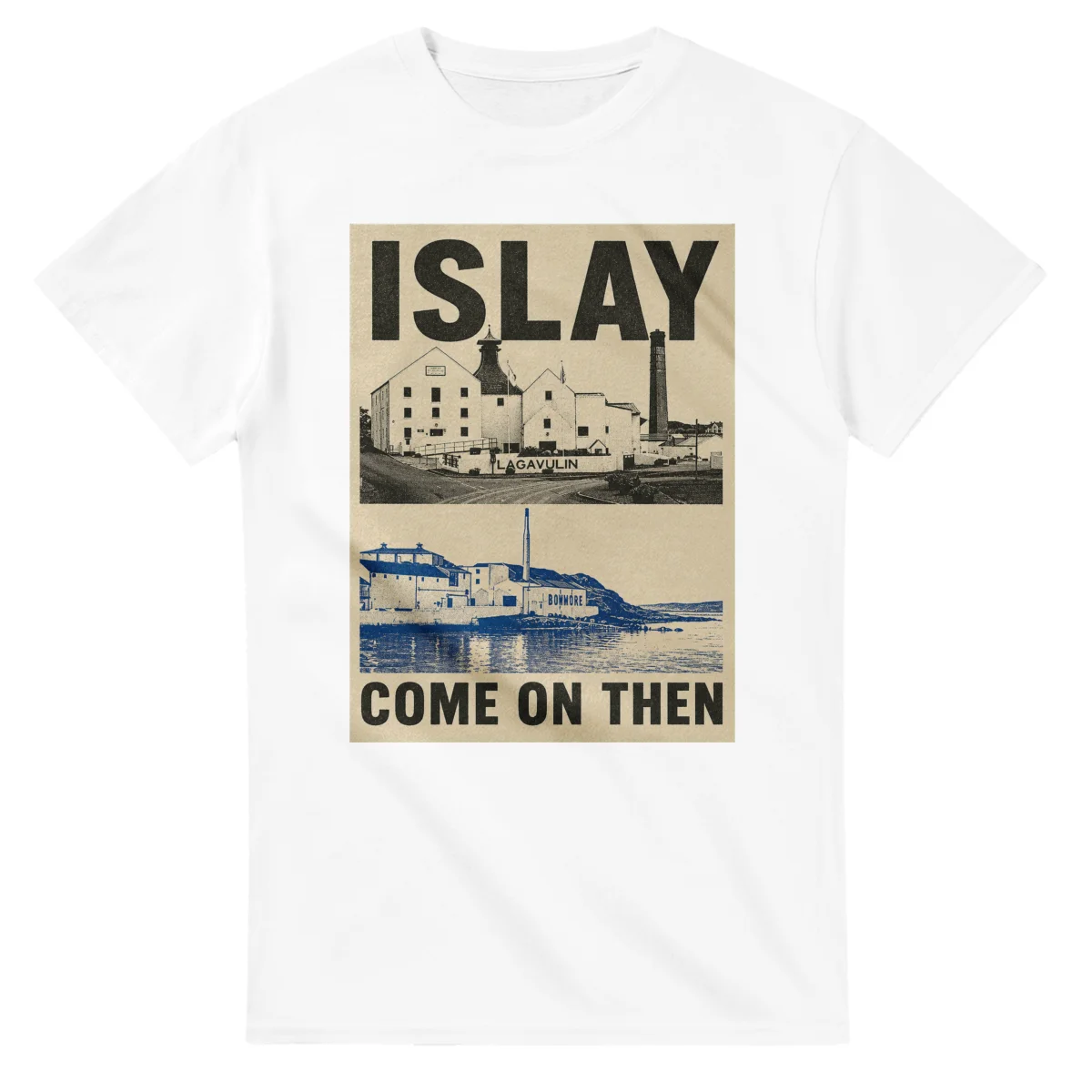 Two-colour scenic illustration for Islay, with the place name and COME ON THEN lettering.