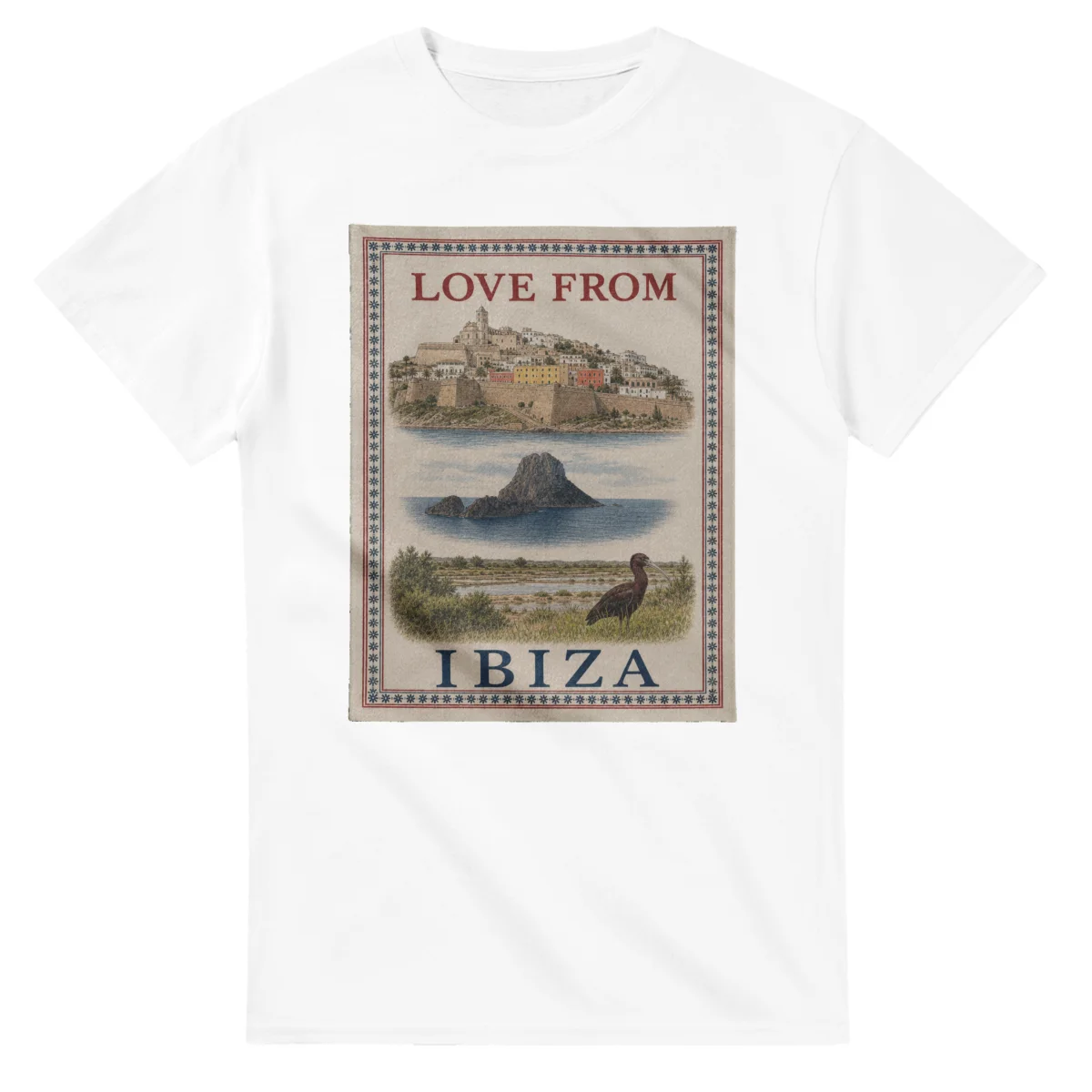 Framed scenic design for Ibiza, with several local views, a decorative border and LOVE FROM lettering.