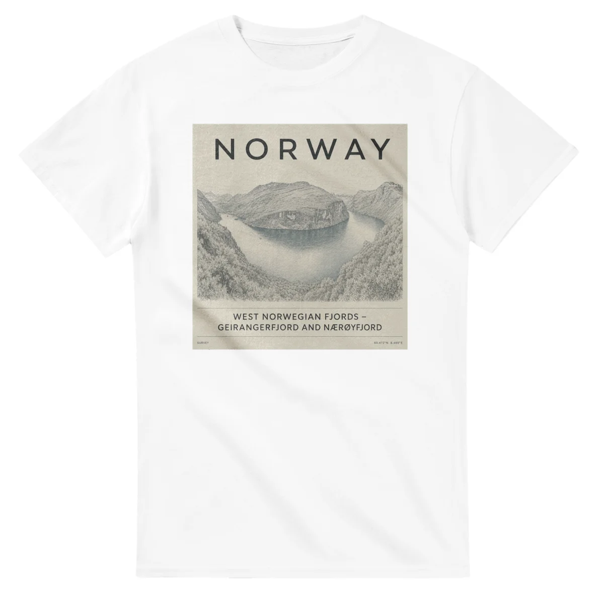 Fine-line engraving-style drawing for Norway, with a landmark caption and small coordinate text.