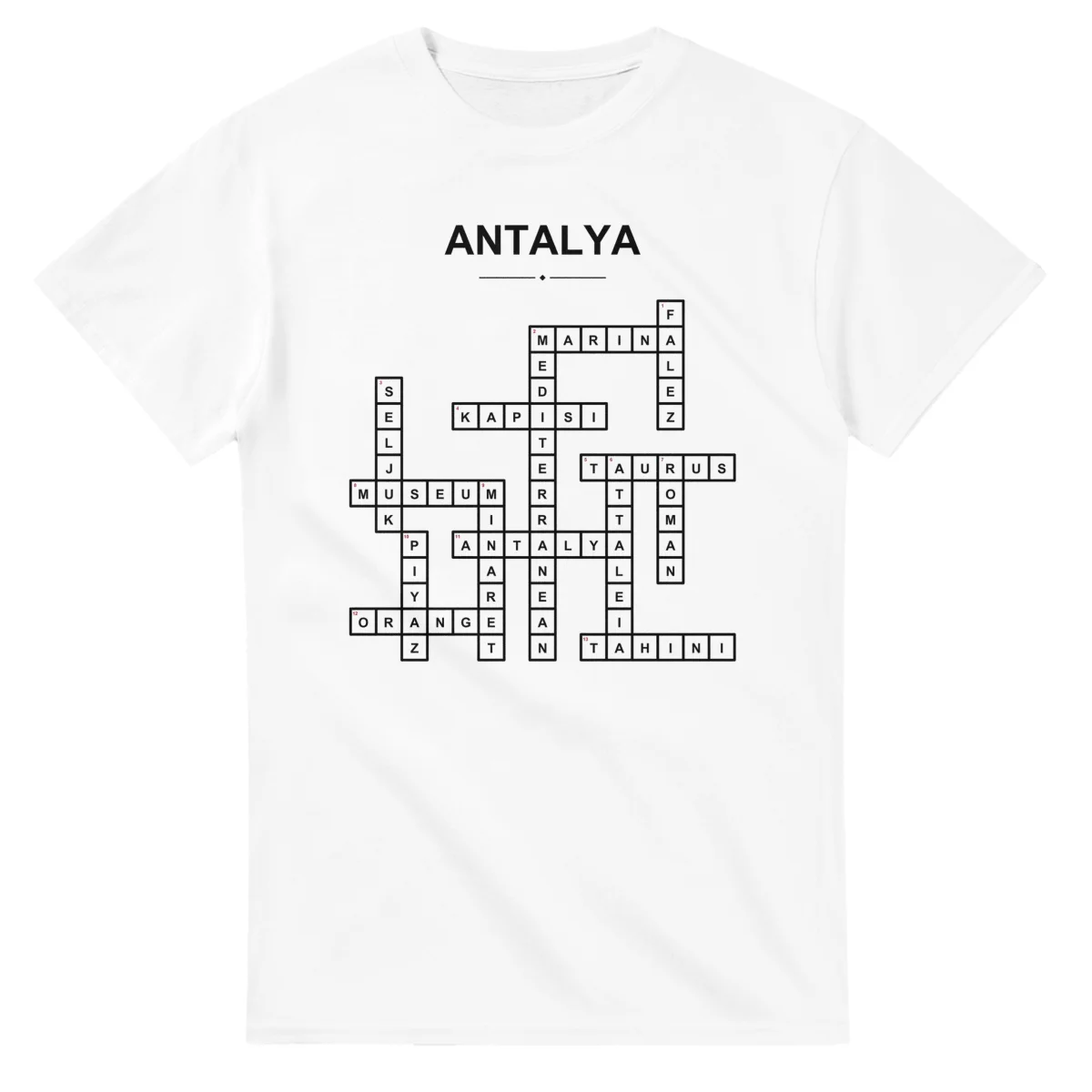 Monochrome crossword sheet for Antalya, with a large place-name heading, a letter grid, and numbered across and down clues.