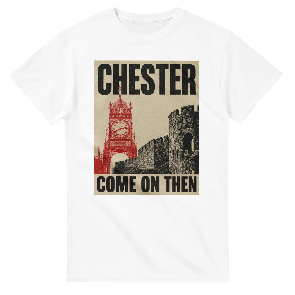 Two-colour scenic illustration for Chester, with the place name and COME ON THEN lettering.