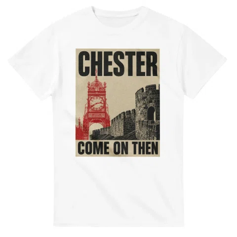 Two-colour scenic illustration for Chester, with the place name and COME ON THEN lettering.