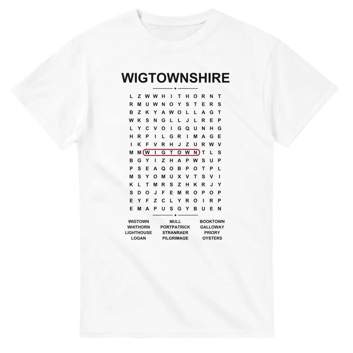 Word-search sheet for Wigtownshire, with a large place-name heading, a letter grid, a local answer list, and a red highlighted example word.