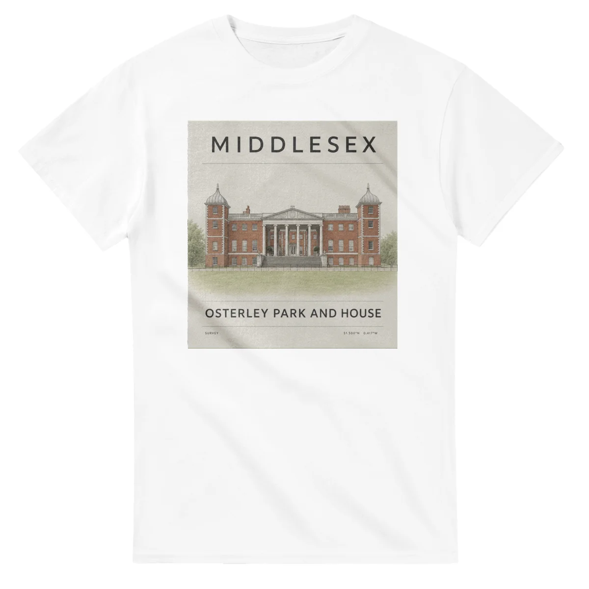 Fine-line engraving-style drawing for Middlesex, with a landmark caption and small coordinate text.