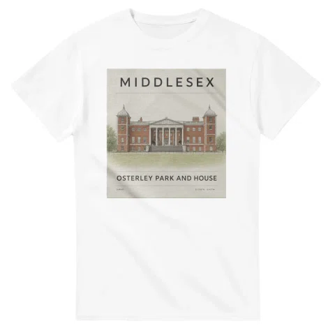 Fine-line engraving-style drawing for Middlesex, with a landmark caption and small coordinate text.