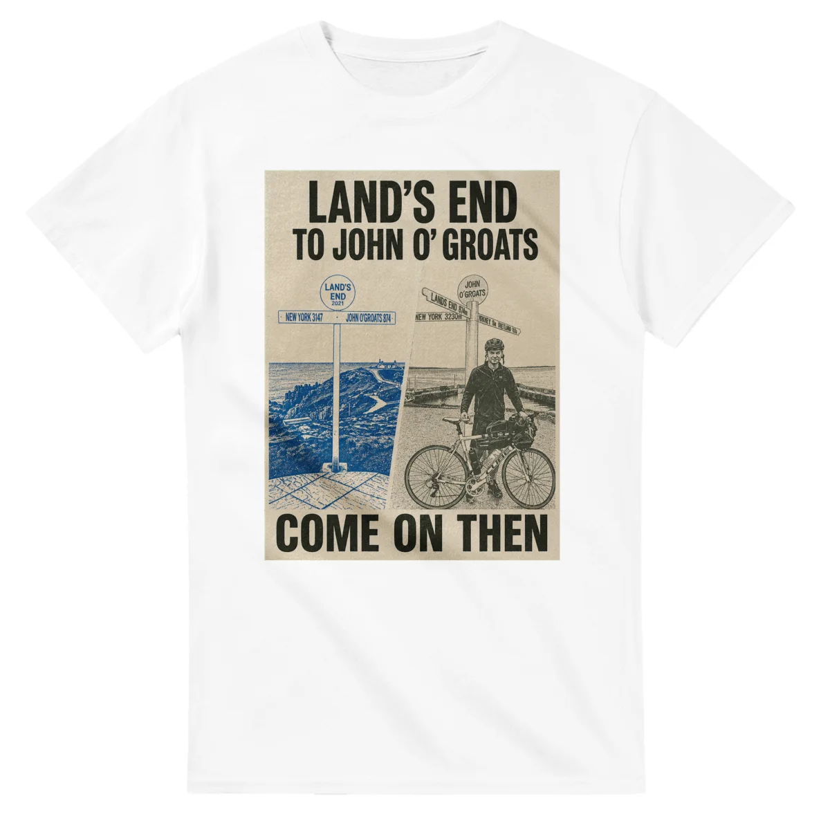 Two-colour scenic illustration for Land’s End to John o’ Groats, with the place name and COME ON THEN lettering.