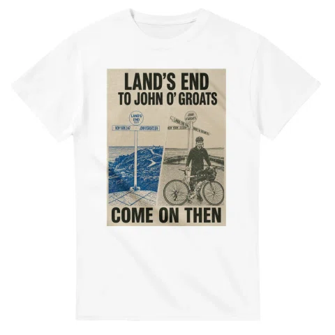 Two-colour scenic illustration for Land’s End to John o’ Groats, with the place name and COME ON THEN lettering.