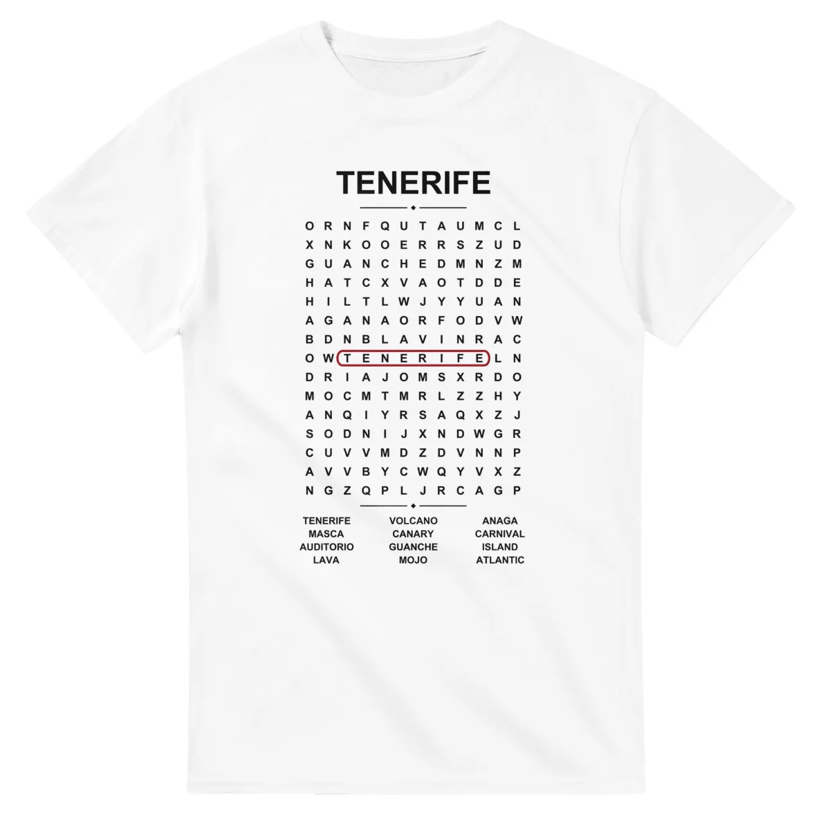 Word-search sheet for Tenerife, with a large place-name heading, a letter grid, a local answer list, and a red highlighted example word.