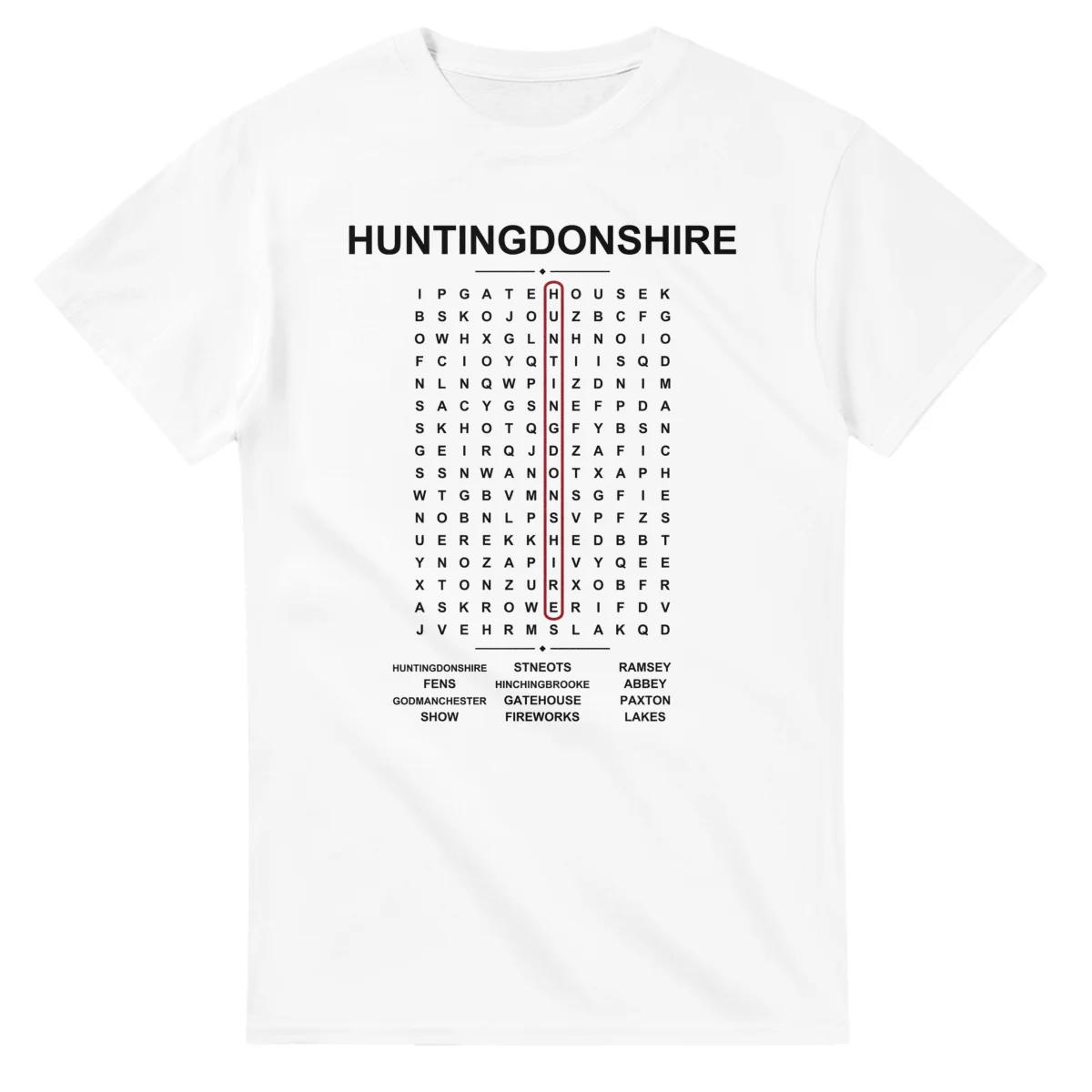 Word-search sheet for Huntingdonshire, with a large place-name heading, a letter grid, a local answer list, and a red highlighted example word.