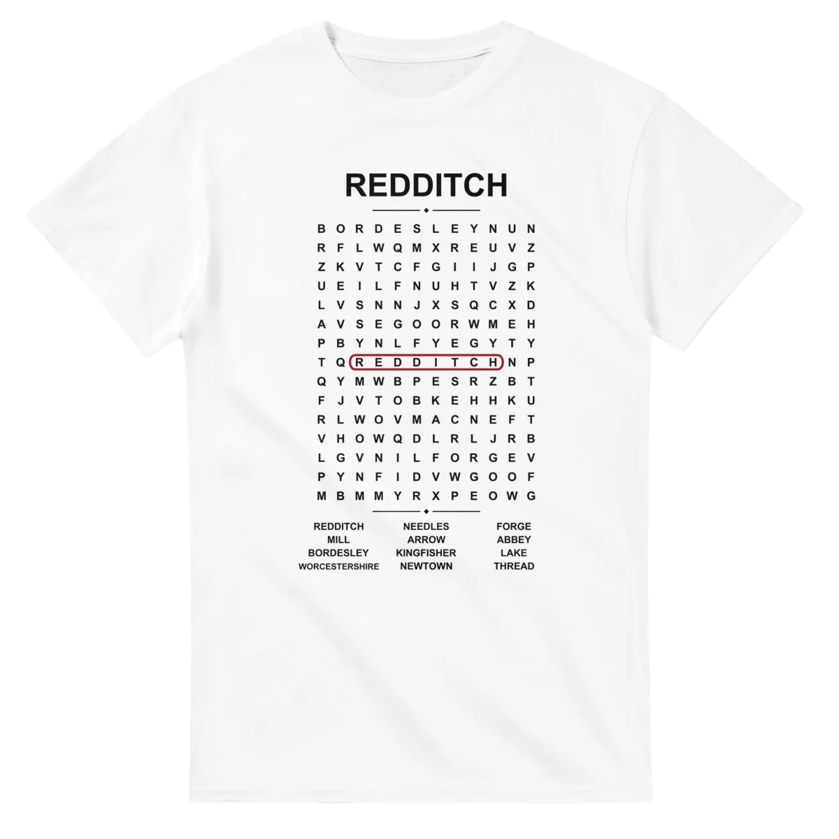 Word-search sheet for Redditch, with a large place-name heading, a letter grid, a local answer list, and a red highlighted example word.