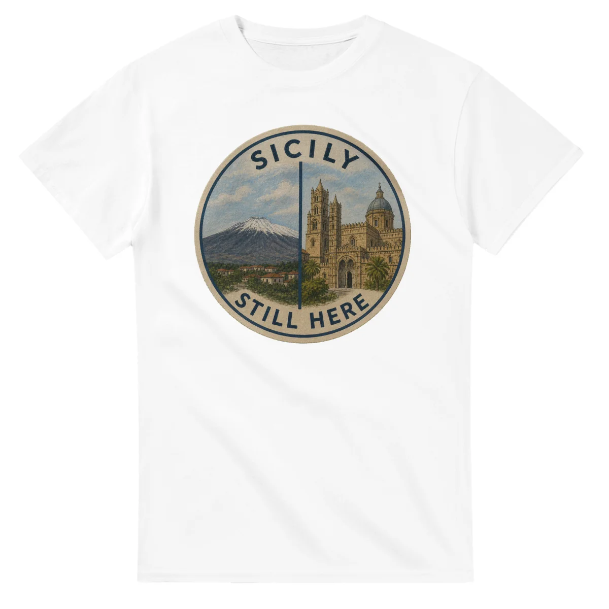 Painted, panelled scenic illustration for Sicily, with paired local scenes and the place name in lettering.