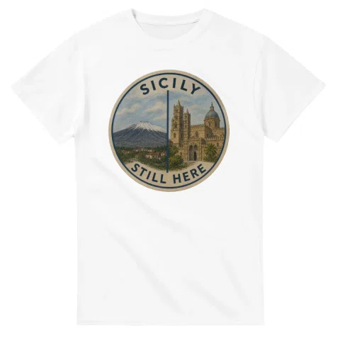 Painted, panelled scenic illustration for Sicily, with paired local scenes and the place name in lettering.