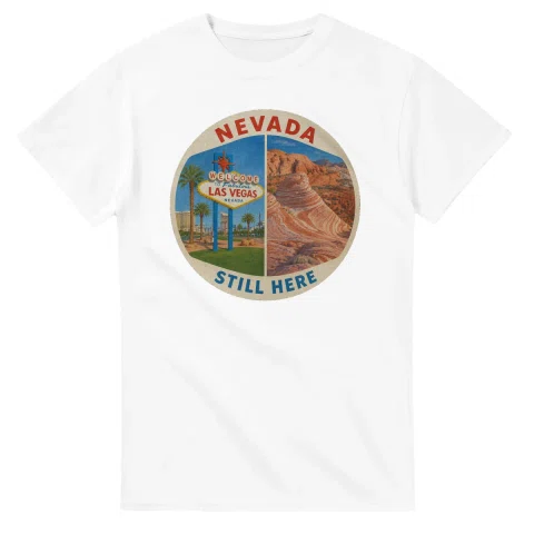 Painted, panelled scenic illustration for Nevada, with paired local scenes and the place name in lettering.