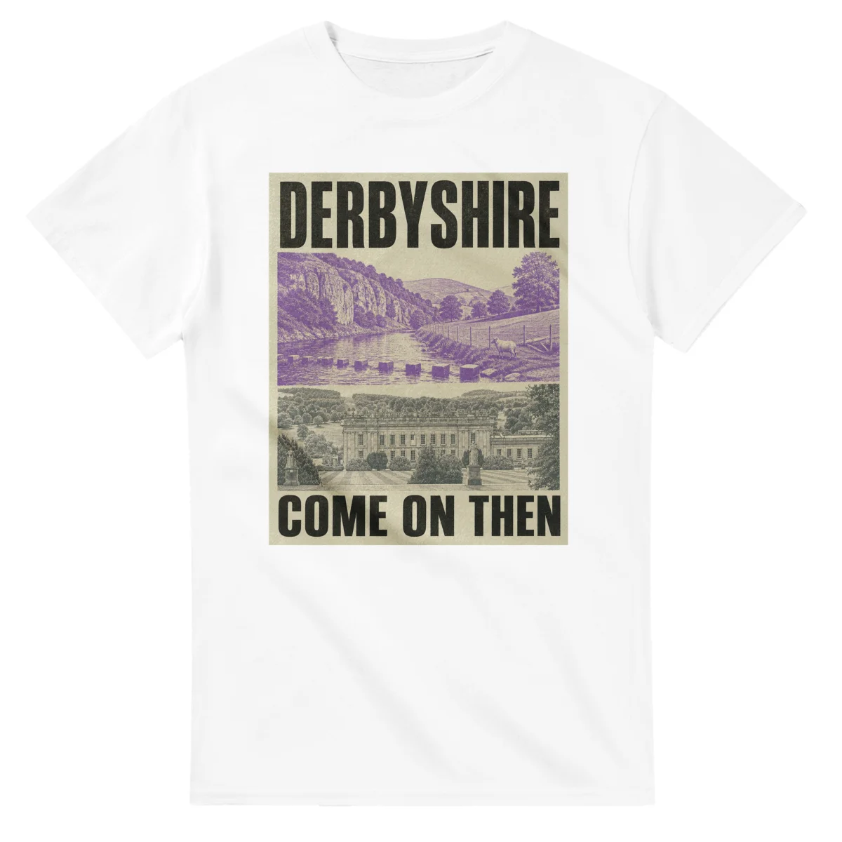 Two-colour scenic illustration for Derbyshire, with the place name and COME ON THEN lettering.