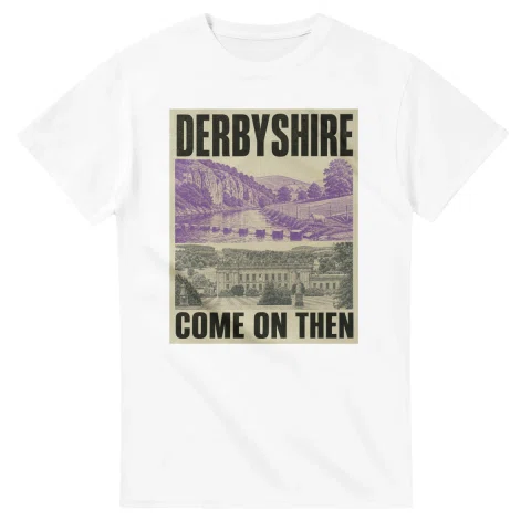 Two-colour scenic illustration for Derbyshire, with the place name and COME ON THEN lettering.