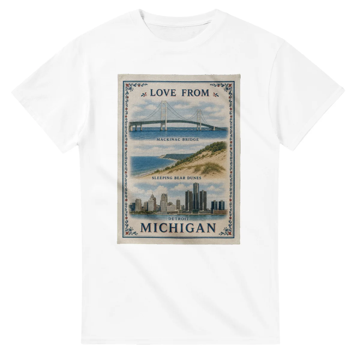 Framed scenic design for Michigan, with several local views, a decorative border and LOVE FROM lettering.