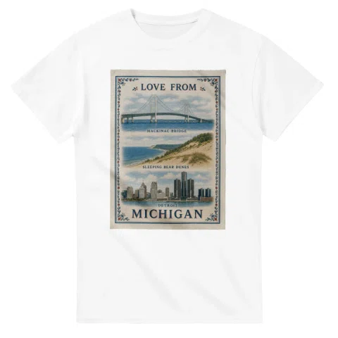 Framed scenic design for Michigan, with several local views, a decorative border and LOVE FROM lettering.