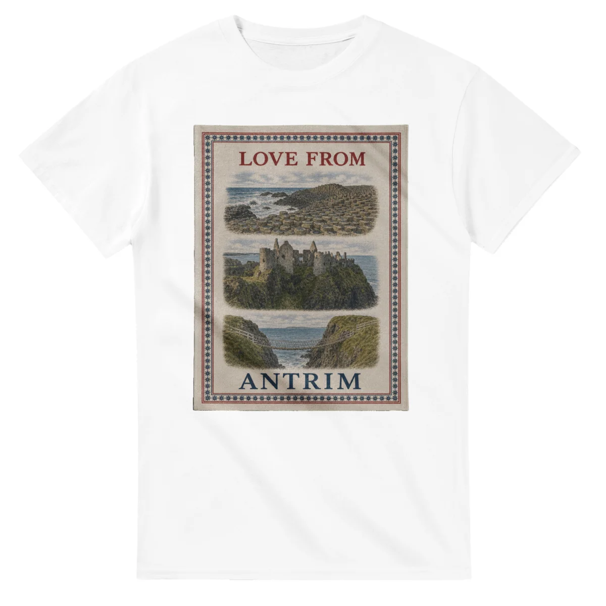 Framed scenic design for Antrim, with several local views, a decorative border and LOVE FROM lettering.