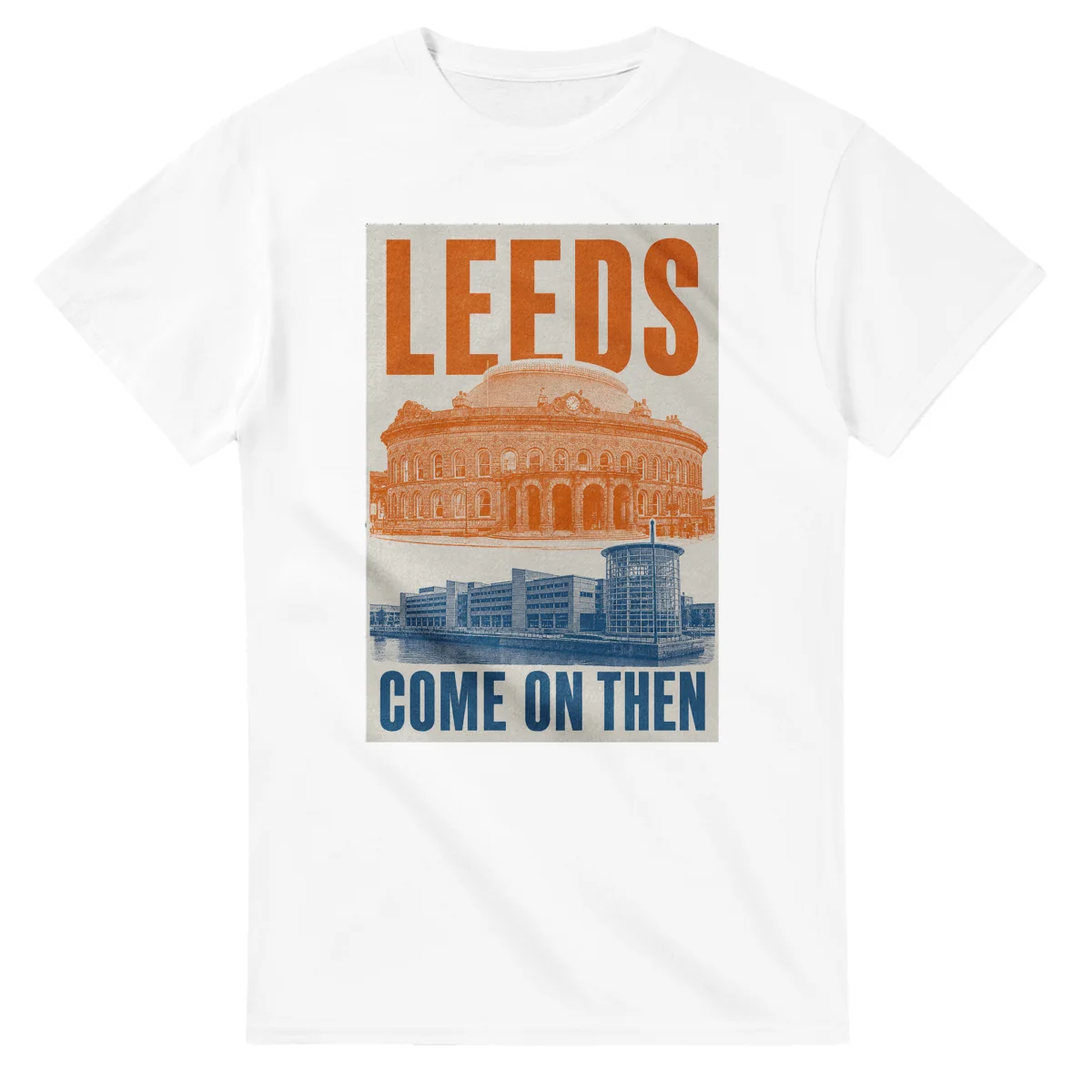 Two-colour scenic illustration for Leeds, with the place name and COME ON THEN lettering.