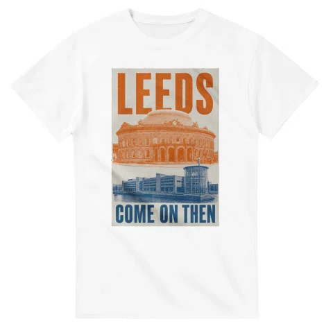 Two-colour scenic illustration for Leeds, with the place name and COME ON THEN lettering.