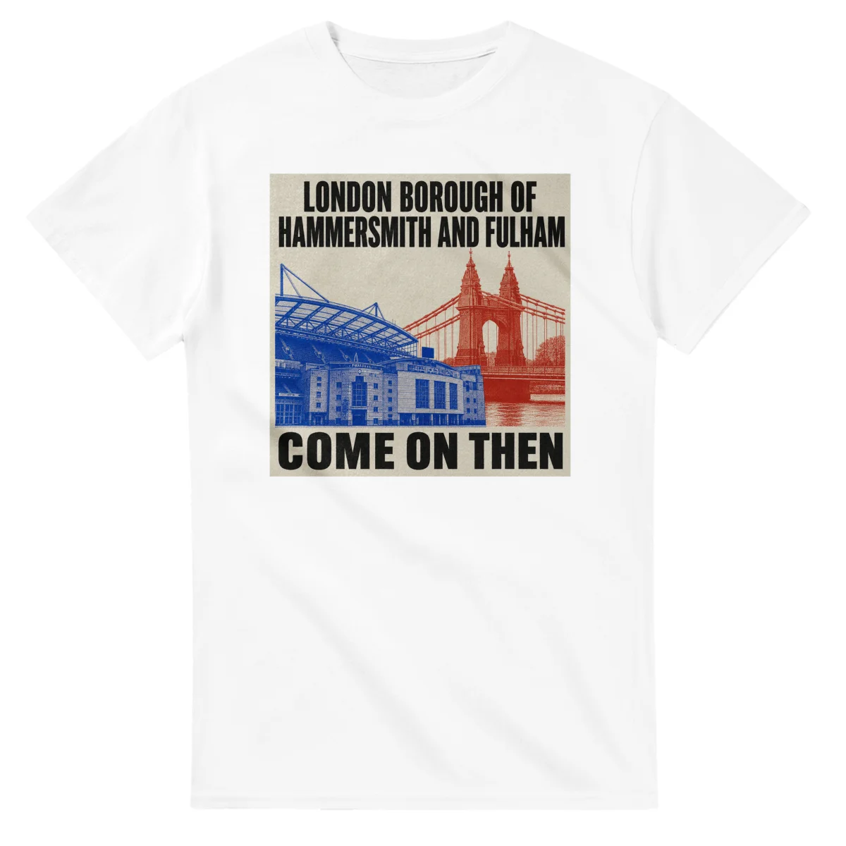 Two-colour scenic illustration for London Borough of Hammersmith and Fulham, with the place name and COME ON THEN lettering.