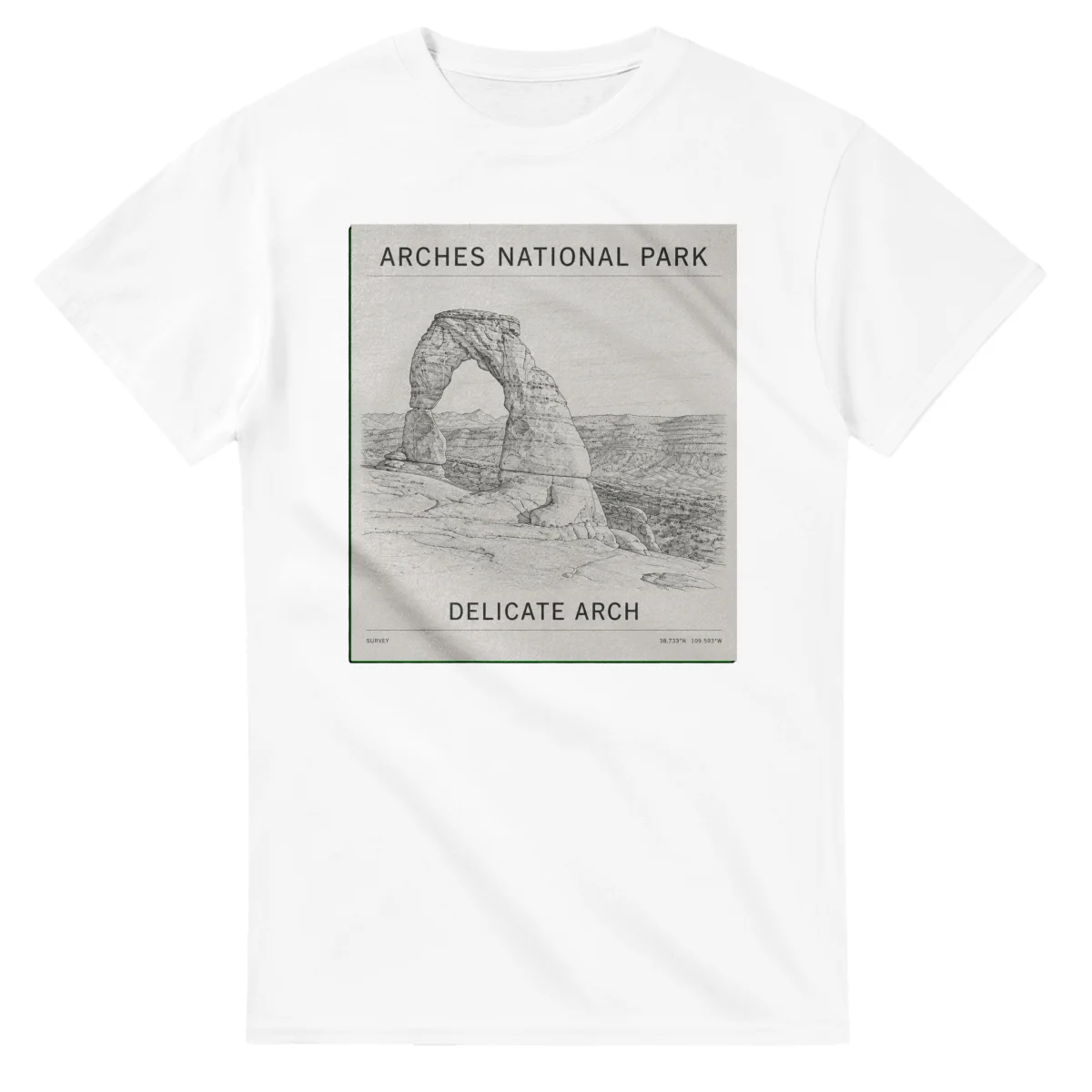 Fine-line scenic drawing for Arches National Park with “DELICATE ARCH” caption and small coordinate text.