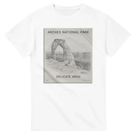 Fine-line scenic drawing for Arches National Park with “DELICATE ARCH” caption and small coordinate text.