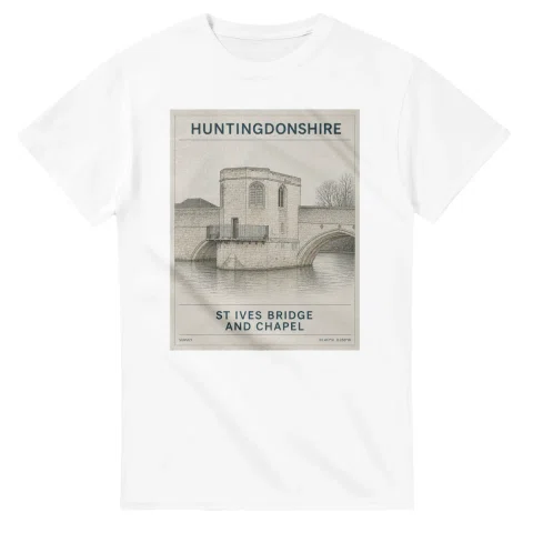 Fine-line engraving-style drawing for Huntingdonshire, with a landmark caption and small coordinate text.