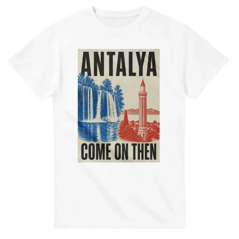 Two-colour scenic illustration for Antalya, with the place name and COME ON THEN lettering.