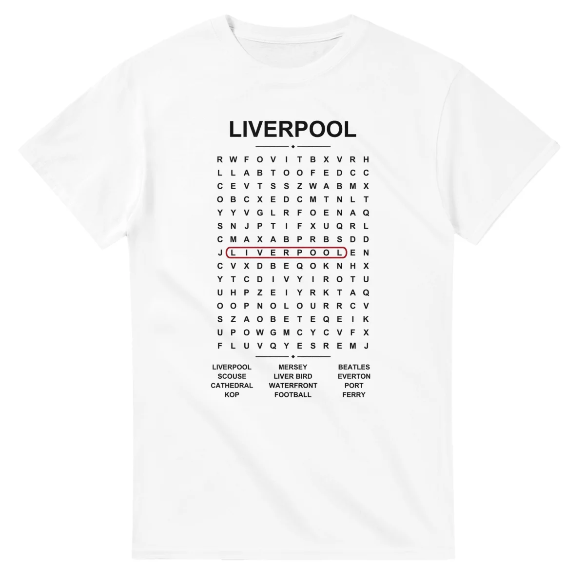Word-search sheet for Liverpool, with a large place-name heading, a letter grid, a local answer list, and a red highlighted example word.