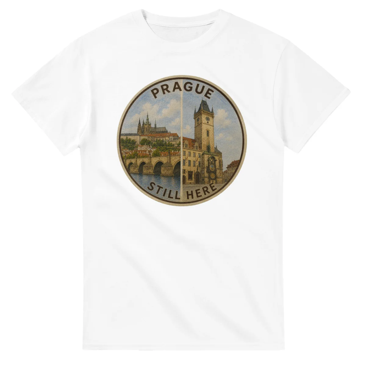 Painted, panelled scenic illustration for Prague, with paired local scenes and the place name in lettering.