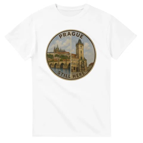 Painted, panelled scenic illustration for Prague, with paired local scenes and the place name in lettering.
