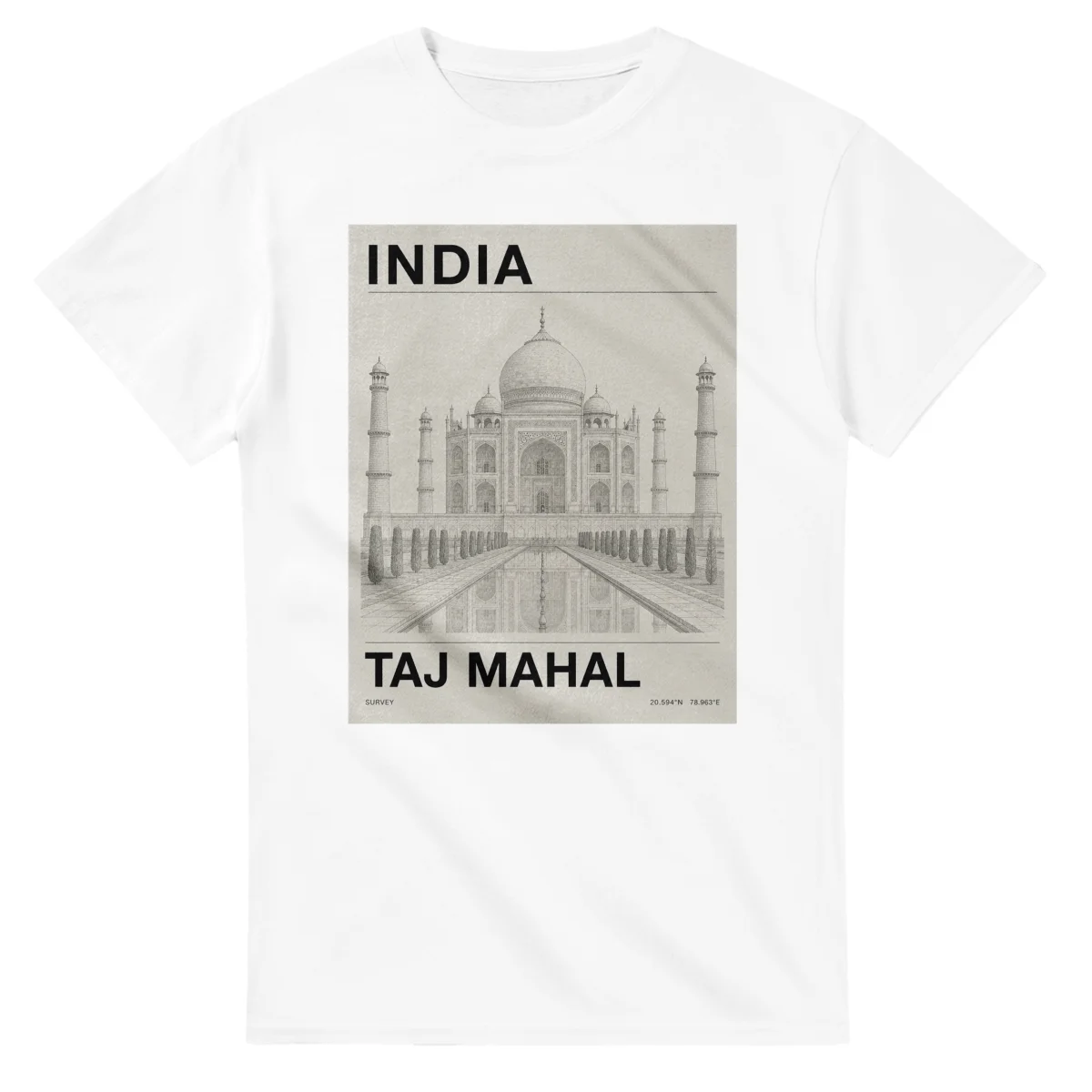 Fine-line engraving-style drawing for India, with a landmark caption and small coordinate text.
