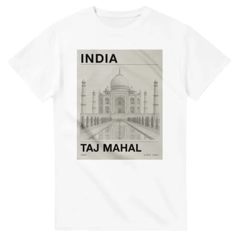 Fine-line engraving-style drawing for India, with a landmark caption and small coordinate text.