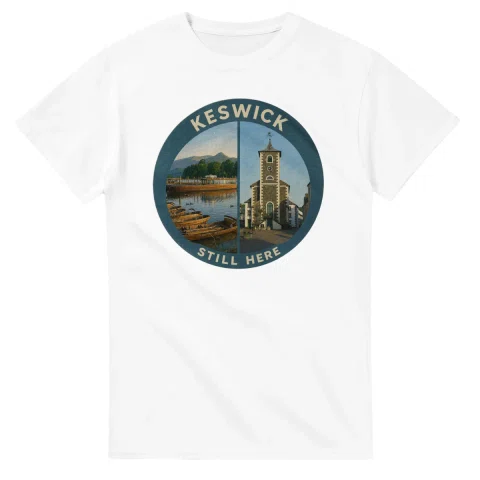 Painted, panelled scenic illustration for Keswick, with paired local scenes and the place name in lettering.