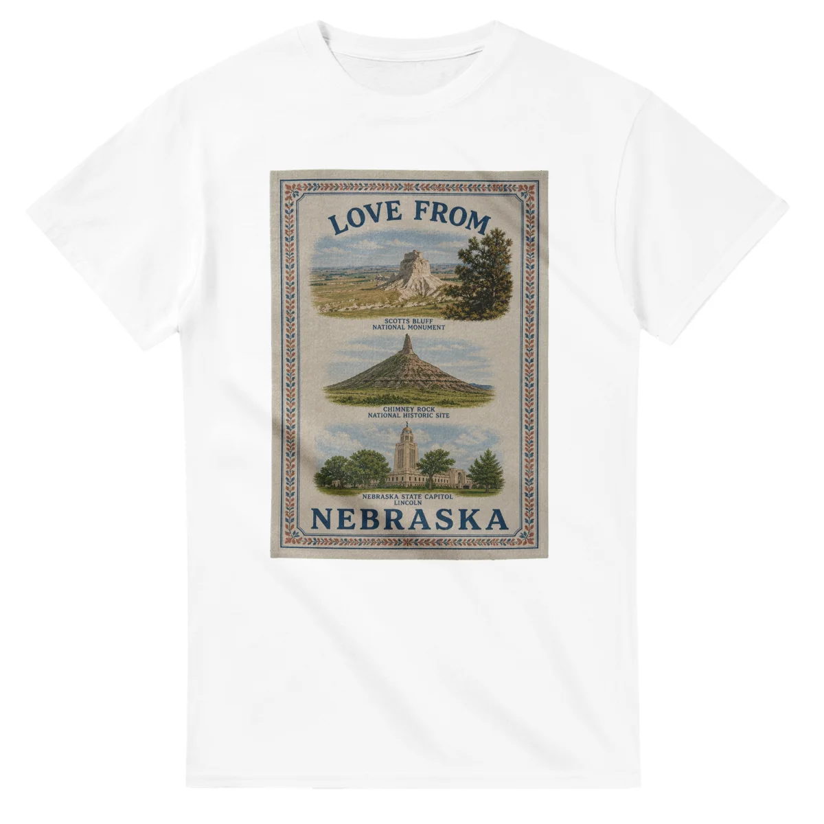 Framed scenic design for Nebraska, with several local views, a decorative border and LOVE FROM lettering.