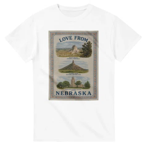 Framed scenic design for Nebraska, with several local views, a decorative border and LOVE FROM lettering.